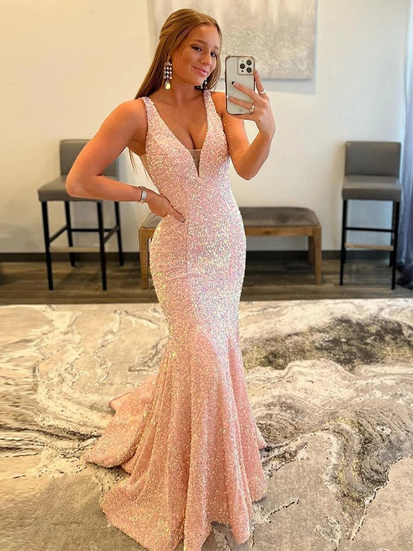 Robe fourreau/colonne en velours à paillettes, volants, col en V, sans manches, traîne courte