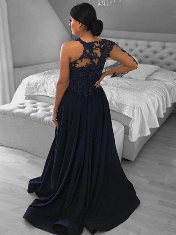 A-Line/Princess Satin Applique Scoop Long Sleeves Sweep/Brush Train Dresses