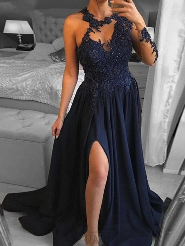 A-Line/Princess Satin Applique Scoop Long Sleeves Sweep/Brush Train Dresses