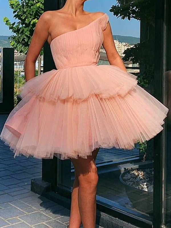 Robe trapèze/princesse en tulle à volants, asymétrique, sans manches, courte/mini