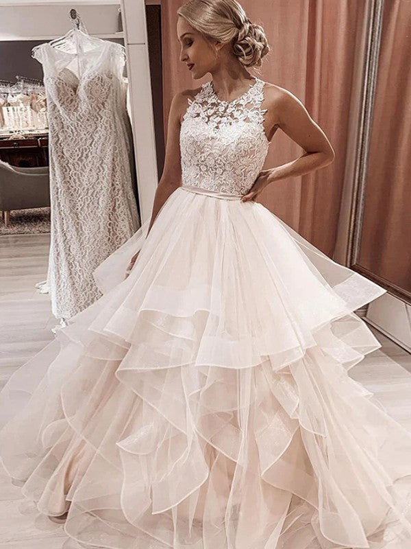 A-Line/Princess Tulle Lace Scoop Sleeveless Floor-Length Wedding Dresses