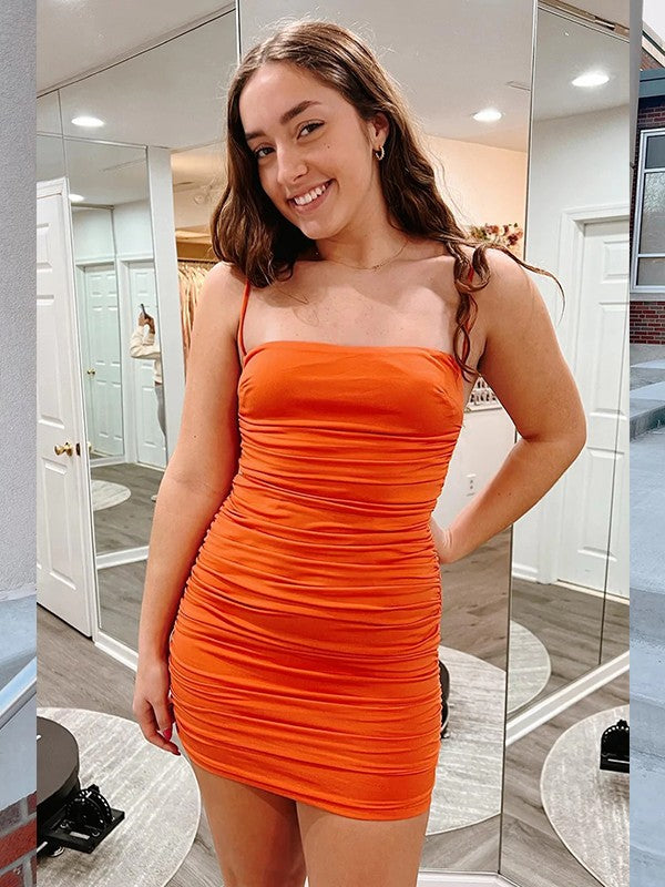 Robe fourreau/colonne en jersey froncé à bretelles spaghetti sans manches, courte/mini