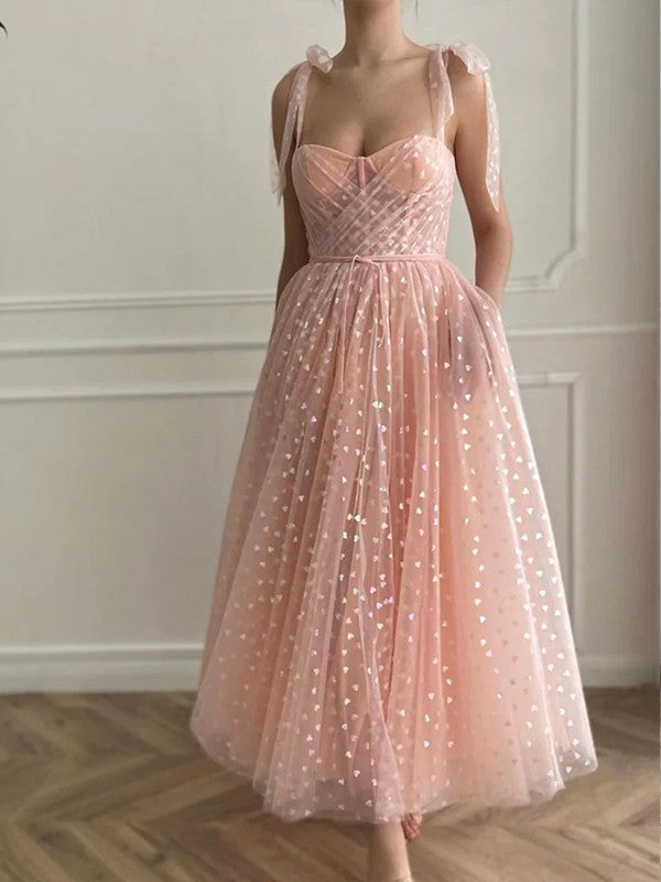 A-Line/Princess Ruffles Spaghetti Straps Sleeveless Ankle-Length Dresses