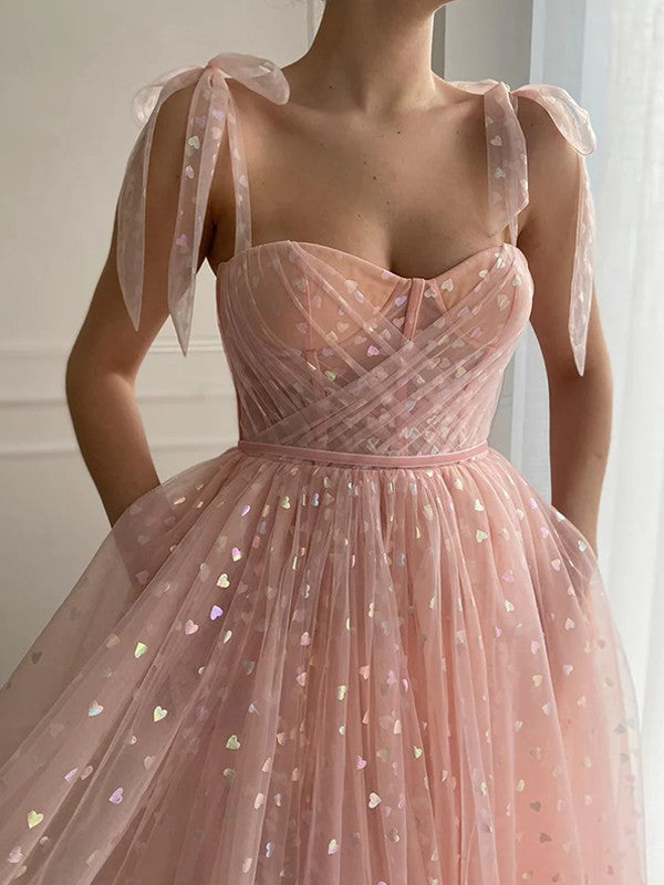 A-Line/Princess Ruffles Spaghetti Straps Sleeveless Ankle-Length Dresses