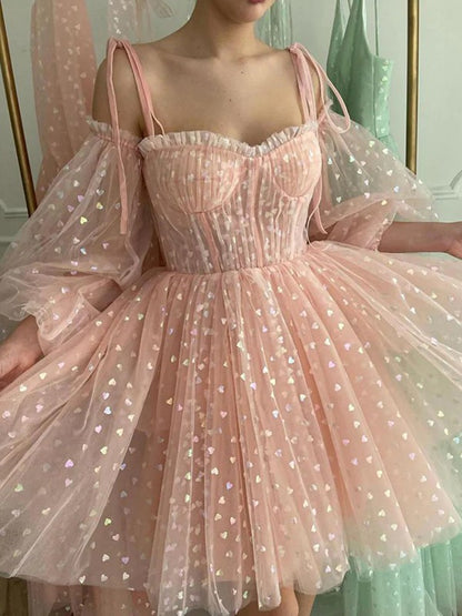 A-Line/Princess Ruffles Spaghetti Straps Long Sleeves Short/Mini Dresses