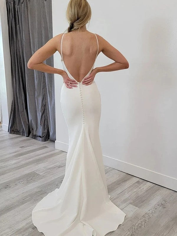 Robe de mariée fourreau/colonne en crêpe extensible, col bateau, sans manches, traîne courte/pinceau