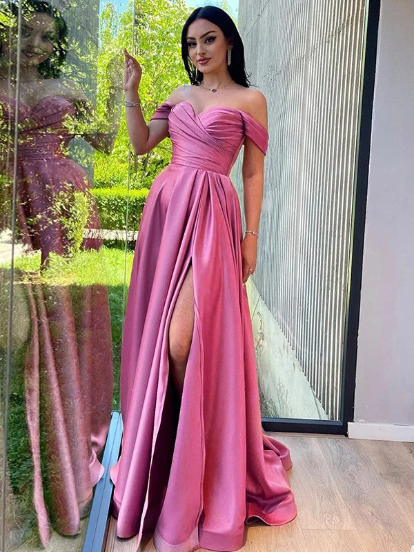 A-Line/Princess Satin Ruched Off-the-Shoulder Sleeveless Sweep/Brush Train Dresses