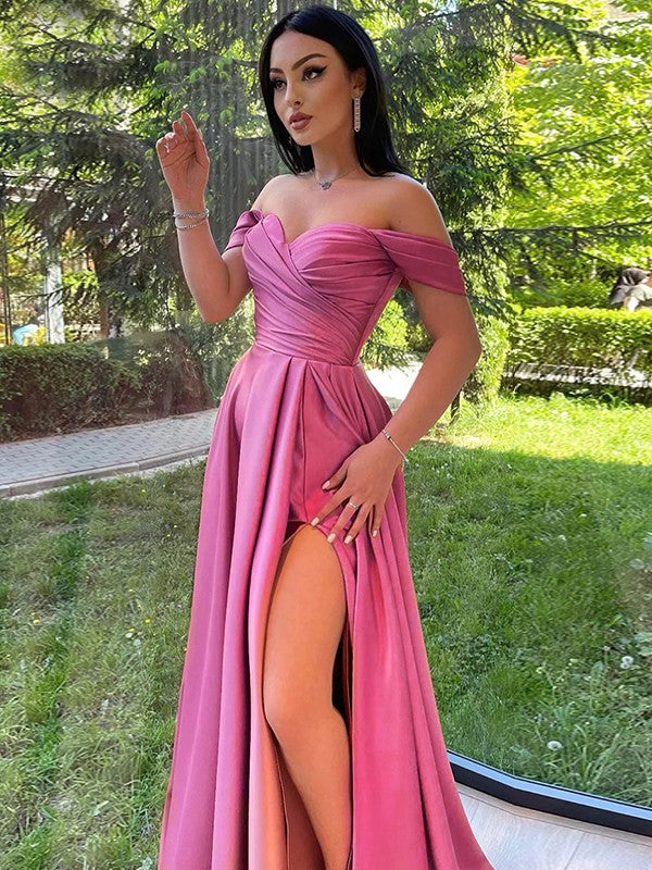 A-Line/Princess Satin Ruched Off-the-Shoulder Sleeveless Sweep/Brush Train Dresses