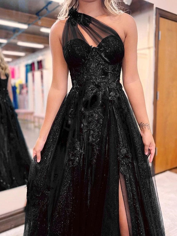 A-Line/Princess Tulle Applique One-Shoulder Sleeveless Sweep/Brush Train Dresse