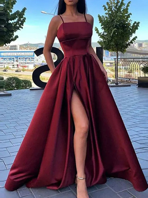 A-Line/Princess Satin Ruffles Spaghetti Straps Sleeveless Floor-Length Dresses