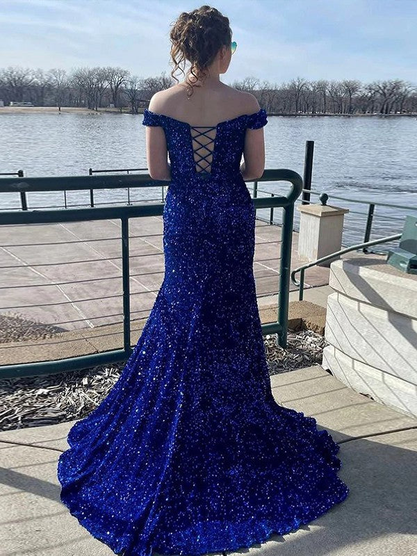Robe fourreau/colonne en velours à paillettes, épaules dénudées, sans manches, traîne courte