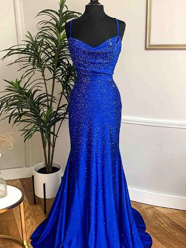 A-Line/Princess Silk like Satin Beading Spaghetti Straps Sleeveless Sweep/Brush Train Dresses