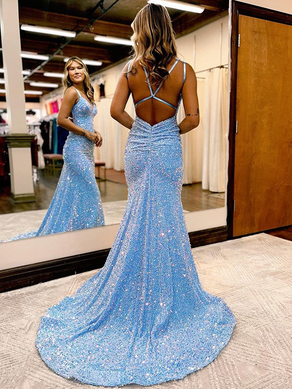 Robe fourreau/colonne en velours à paillettes, froncée, col en V, sans manches, traîne courte