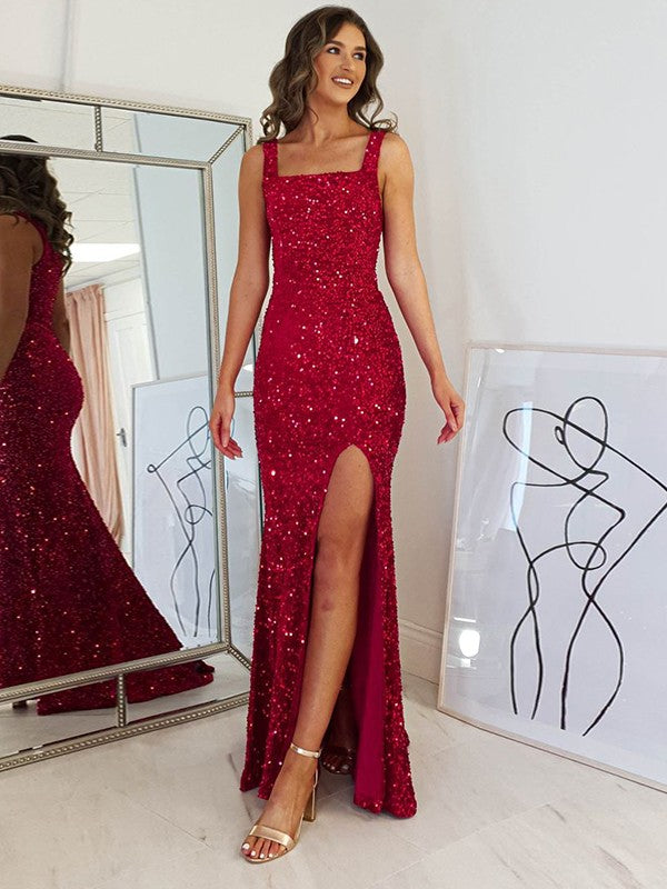 Robe fourreau/colonne en velours à paillettes, bretelles, sans manches, longueur au sol