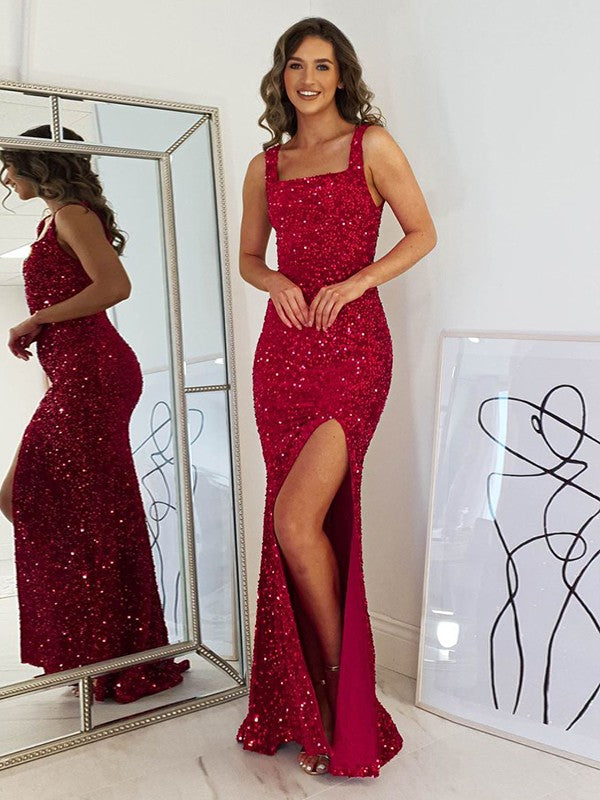 Robe fourreau/colonne en velours à paillettes, bretelles, sans manches, longueur au sol