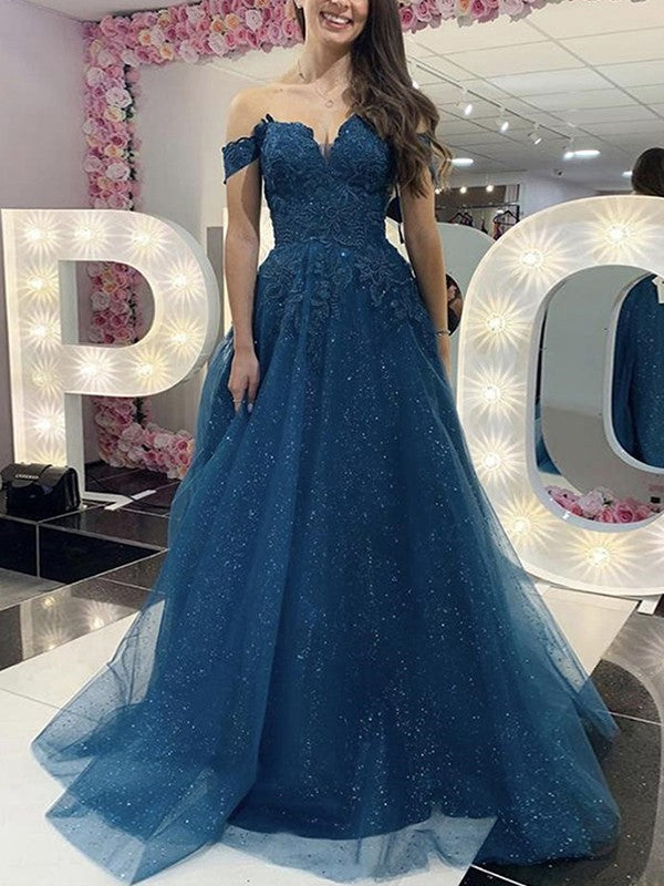 A-Line/Princess Applique Off-the-Shoulder Sleeveless Sweep/Brush Train Dresses