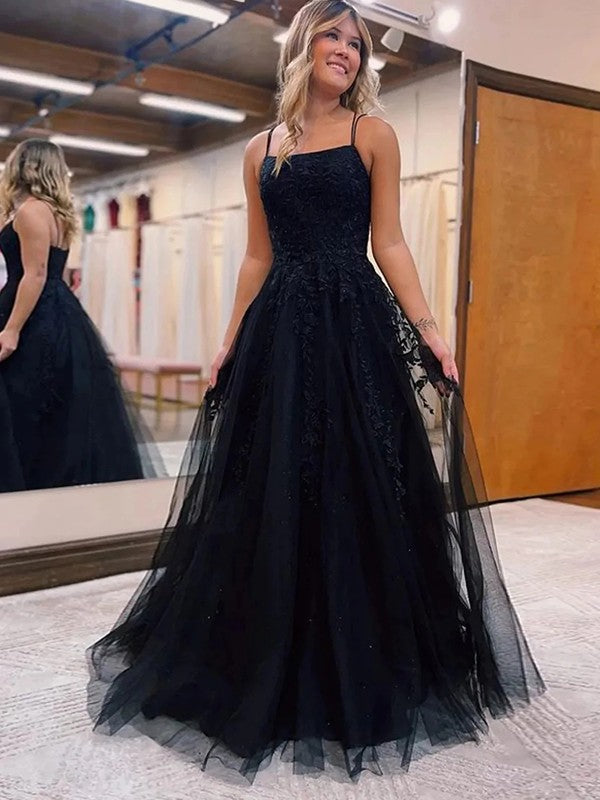 A-Line/Princess Tulle Applique Spaghetti Straps Sleeveless Sweep/Brush Train Dresses
