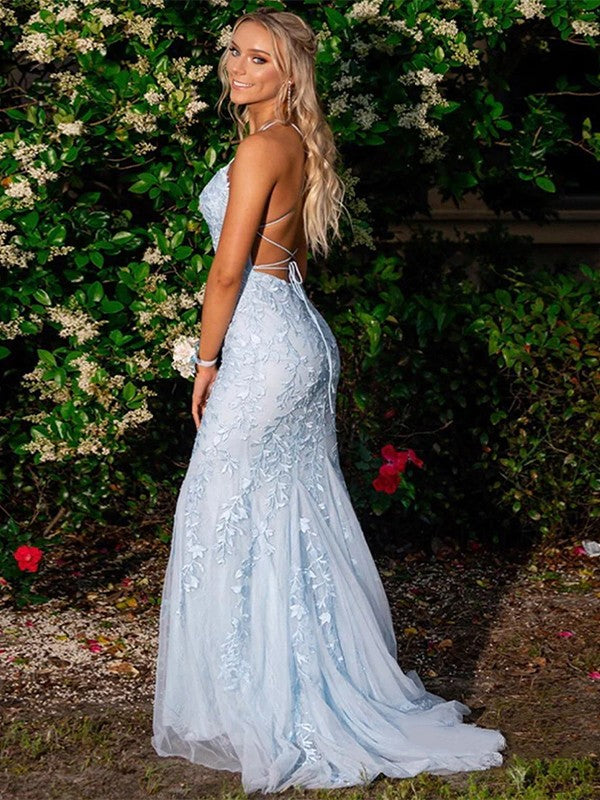 Sheath/Column Lace Applique Spaghetti Straps Sleeveless Sweep/Brush Train Dresses