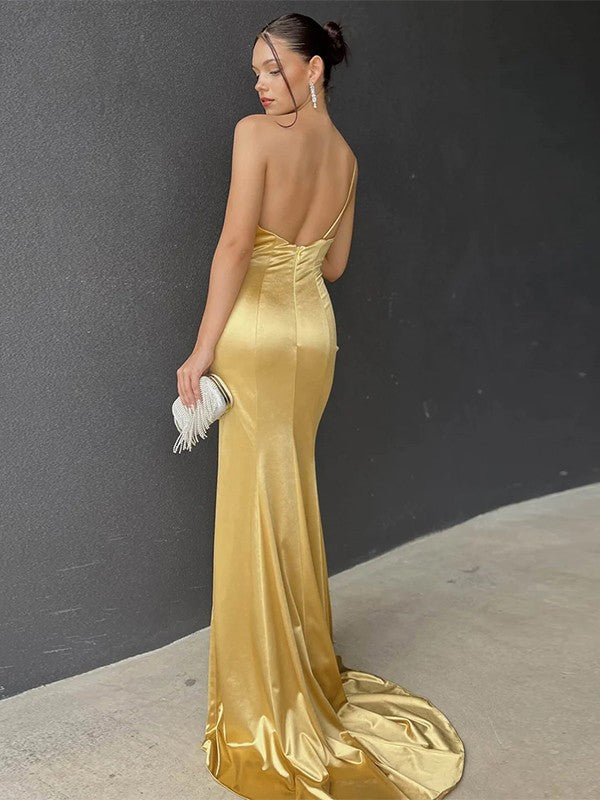 Sheath/Column Silk like Satin Ruched One-Shoulder Sleeveless Sweep/Brush Train Dresses