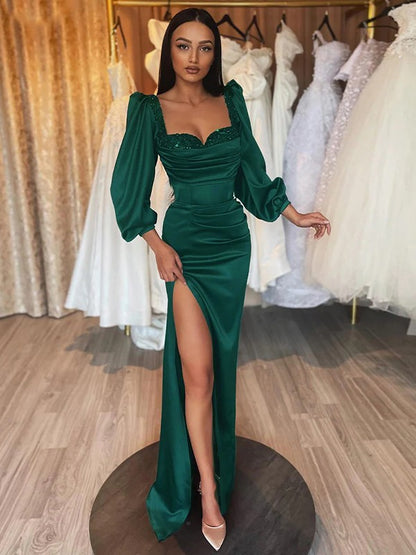 Sheath/Column  Woven Satin Ruched Square Long Sleeves Floor-Length Dresses