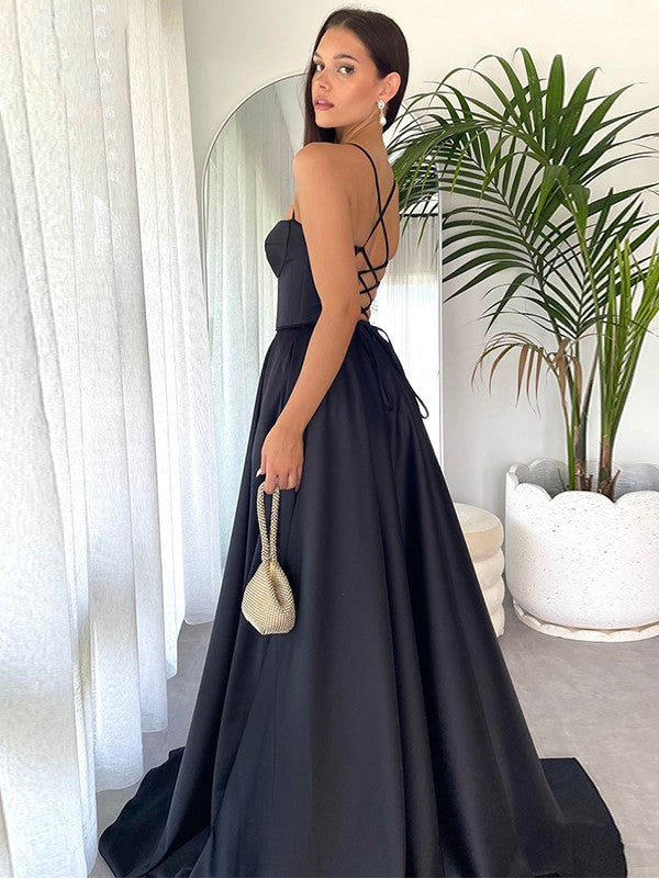 A-Line/Princess Satin Spaghetti Straps Sleeveless Sweep/Brush Train Dresses
