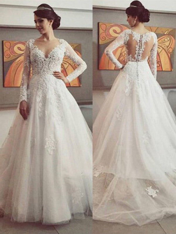 Robe de mariée en tulle, col en V, manches longues, traîne courte, dentelle