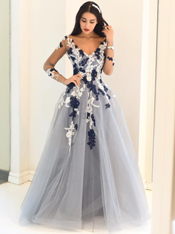 Robe trapèze/princesse à col en V et manches longues en tulle appliqué, longueur au sol