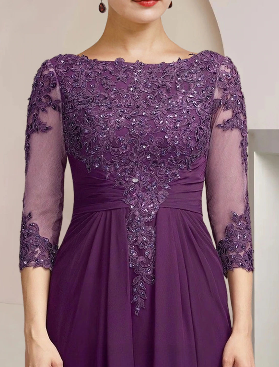 Etuikleid/Säulenkleid für die Mutter der Braut, formelle Herbsthochzeitsgäste, elegante Pailletten, Rundhalsausschnitt, bodenlange Chiffonspitze, 3/4-Ärmel mit Applikationen, funkeln und glänzen