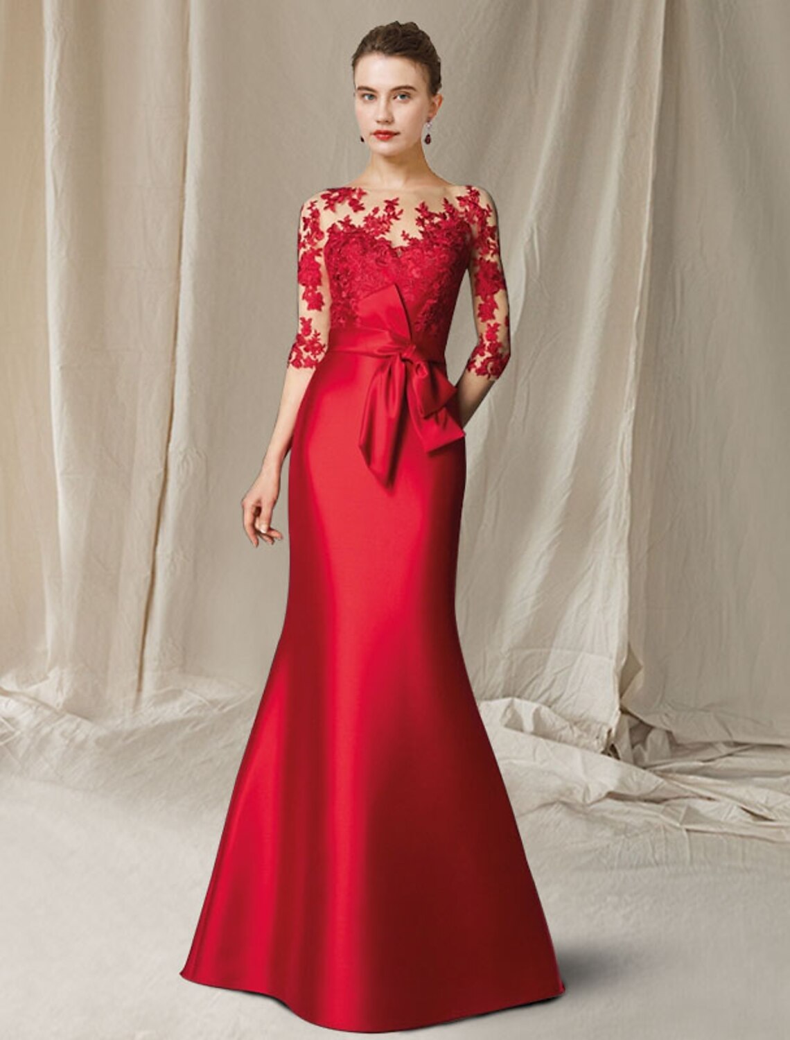 Meerjungfrau/Trompete Kleid für die Brautmutter, elegant, Übergröße, Rundhalsausschnitt, bodenlang, Satin, Spitze, halbe Ärmel, mit Schleifenapplikationen