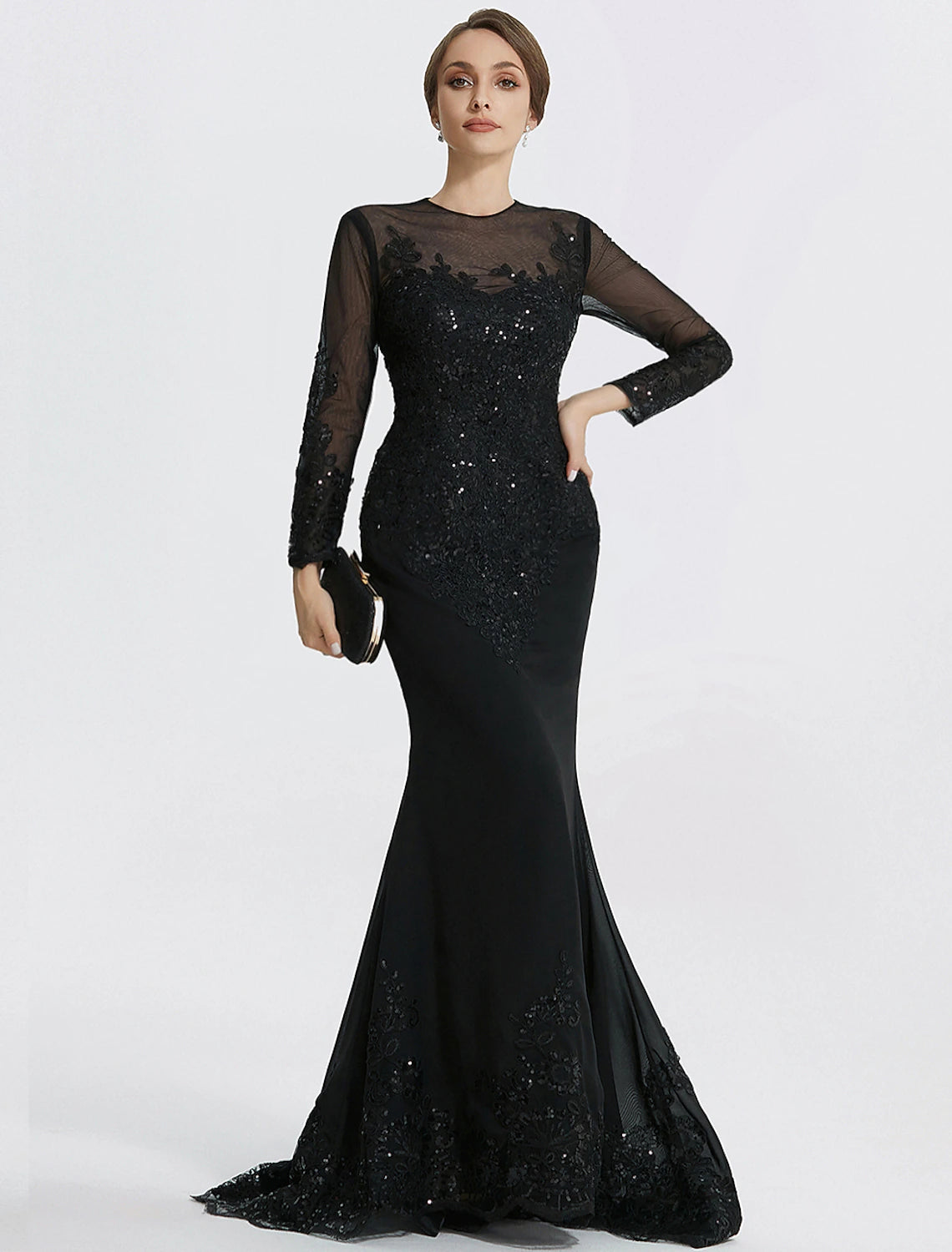 Meerjungfrau/Trompete Etuikleid/Säule Abendkleid Elegantes Kleid Formale Bodenlange Langarm Schmuckhals Spitze mit Applikationen