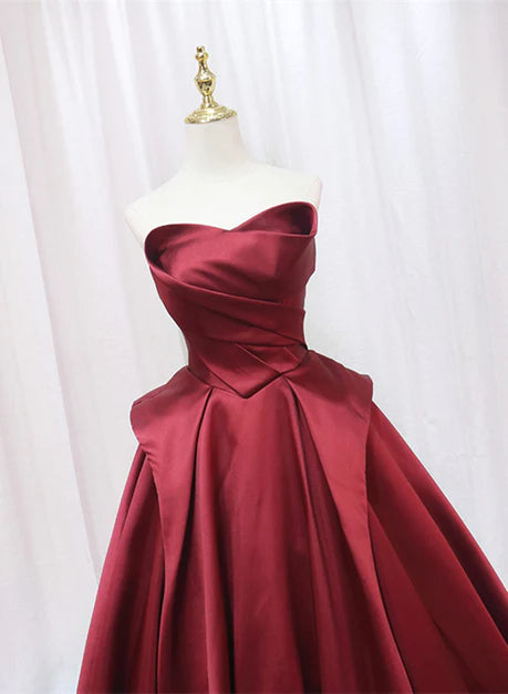 Robe de soirée longue en satin rouge vin, robe de bal trapèze rouge vin