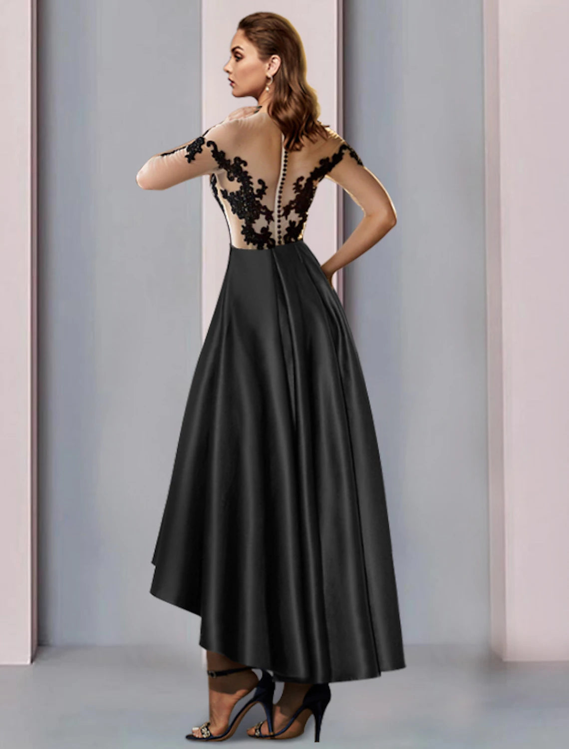 A-Linie Kleid für die Brautmutter, Hochzeitsgast, Vintage, elegant, Illusionsausschnitt, asymmetrisch, Satin, Spitze, halbe Ärmel mit Falten