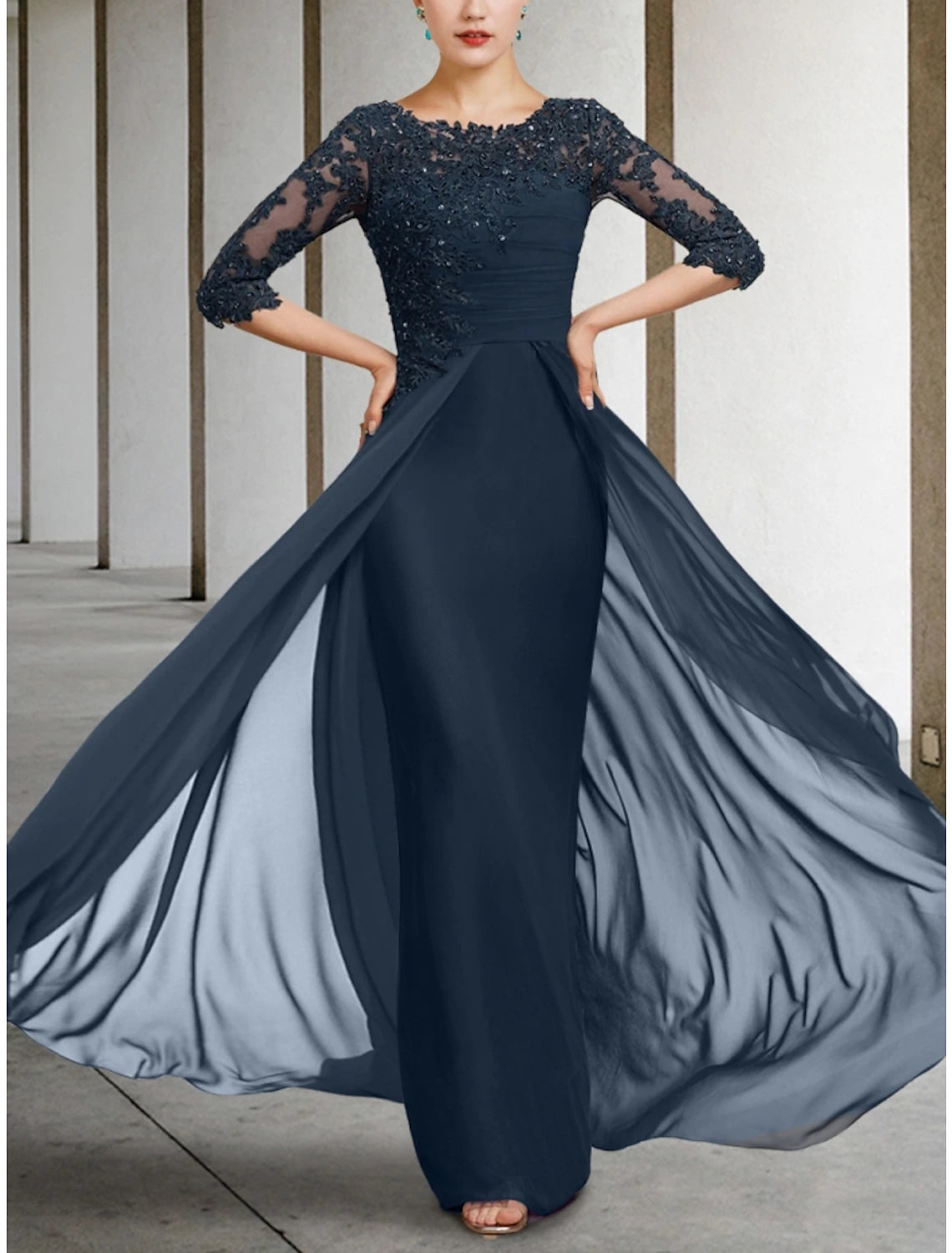 Sheath / Column Mother of the Bride Dress Wedding Guest Elegant Jewel Neck Floor Length Chiffon Lace Half Sleeve with Sequin Ruching Solid Color