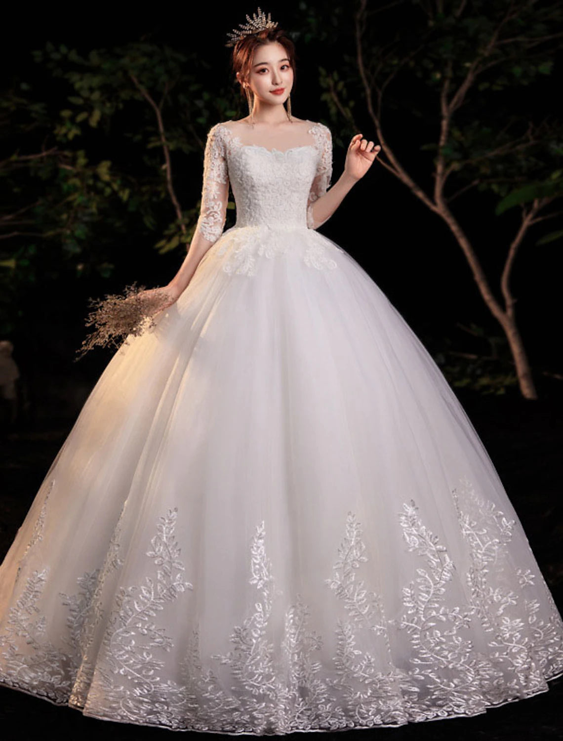 Empfang Formale Brautkleider Ballkleid Illusion Neck Halbarm Bodenlangen Spitze Brautkleider Mit Applikationen