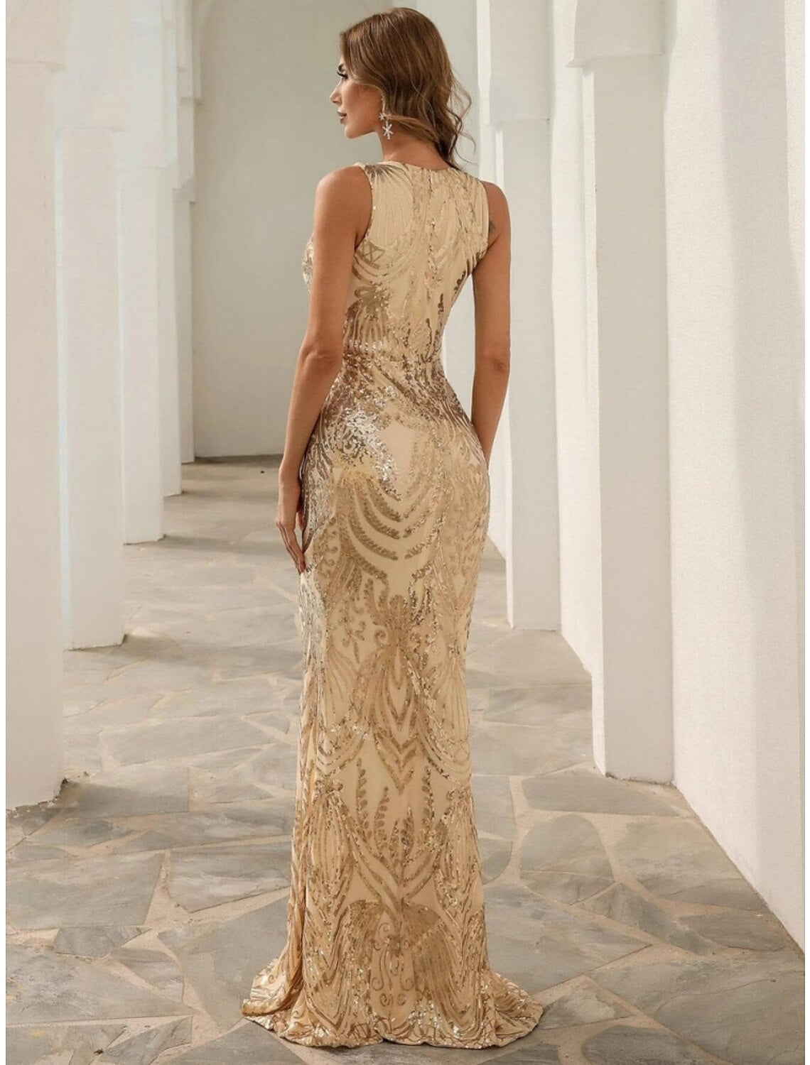 Meerjungfrau/Trompete Abendkleid Elegantes Kleid Formal Sweep/Pinselzug Ärmellos V-Ausschnitt Stretchstoff mit Paillettenschlitz