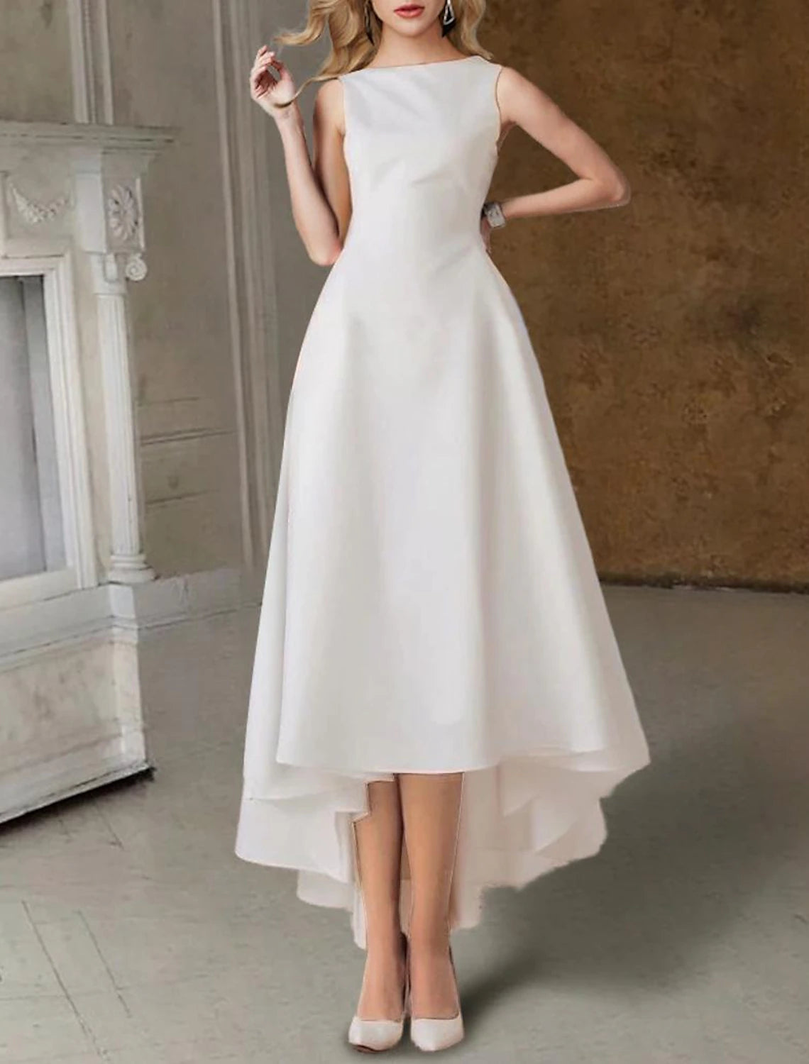 Robes de mariée simples et vintage, robes de mariée fourreau/colonne, manches mi-longues carrées, longueur thé, en satin, couleur unie