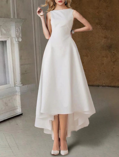 Bridal Shower Vintage Simple Wedding Dresses Wedding Dresses Sheath / Column Square Half Sleeve Tea Length Satin Bridal Gowns With Solid Color