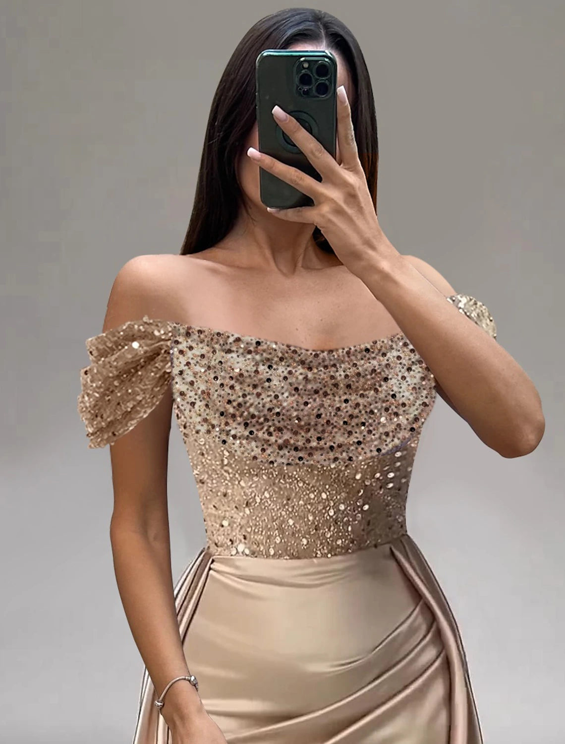 Meerjungfrau/Trompete Abendkleid Partykleid Hochzeit Abschlussball Bodenlang Kurzarm Off Shoulder Satin mit Perlen Pailletten Überrock