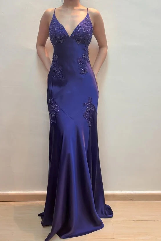 Purple Satin Mermaid V-Neck Lace Applique Spaghetti Strap Prom Dress