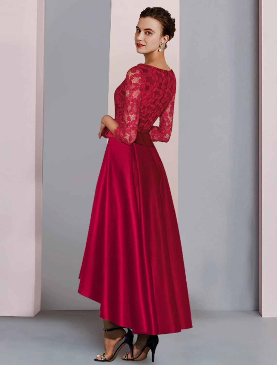 A-Linien-Kleid für die Mutter der Braut, formell, Herbst, Hochzeit, Gast, Party, elegant, hoch, tief, U-Ausschnitt, asymmetrisch, knielang, Satin, Spitze, 3/4-Ärmel mit Schleife(n), Falten