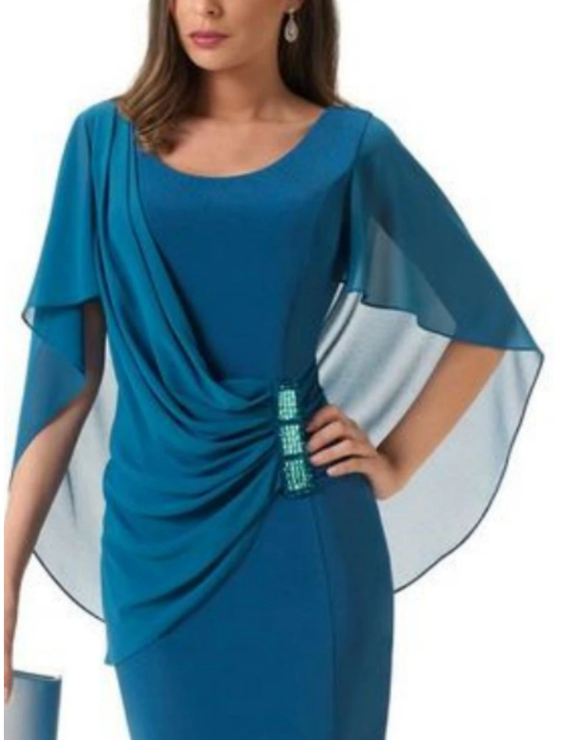 Etuikleid/Säulenkleid für die Brautmutter, Hochzeitsgast, elegante Party, U-Ausschnitt, kurz/Mini, Chiffon, halbe Ärmel, mit Kristallbrosche, Rüschen