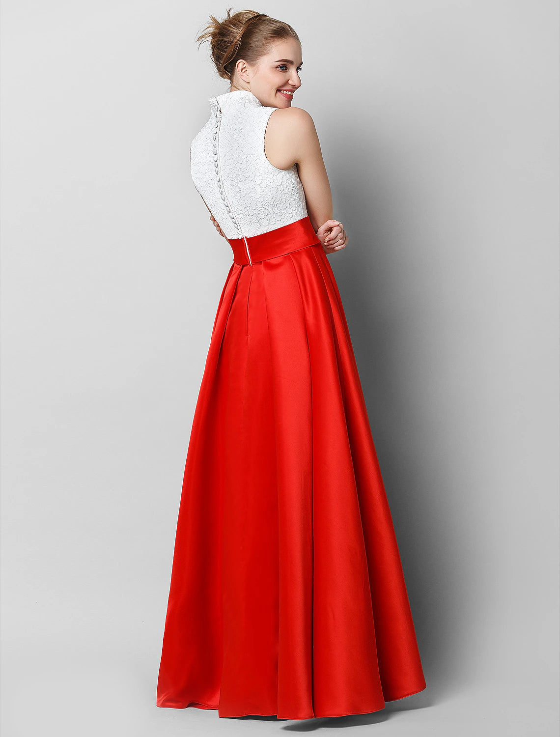Robe de soirée trapèze élégante et luxueuse, couleur unie, col montant, sans manches, longueur au sol, en dentelle et plis