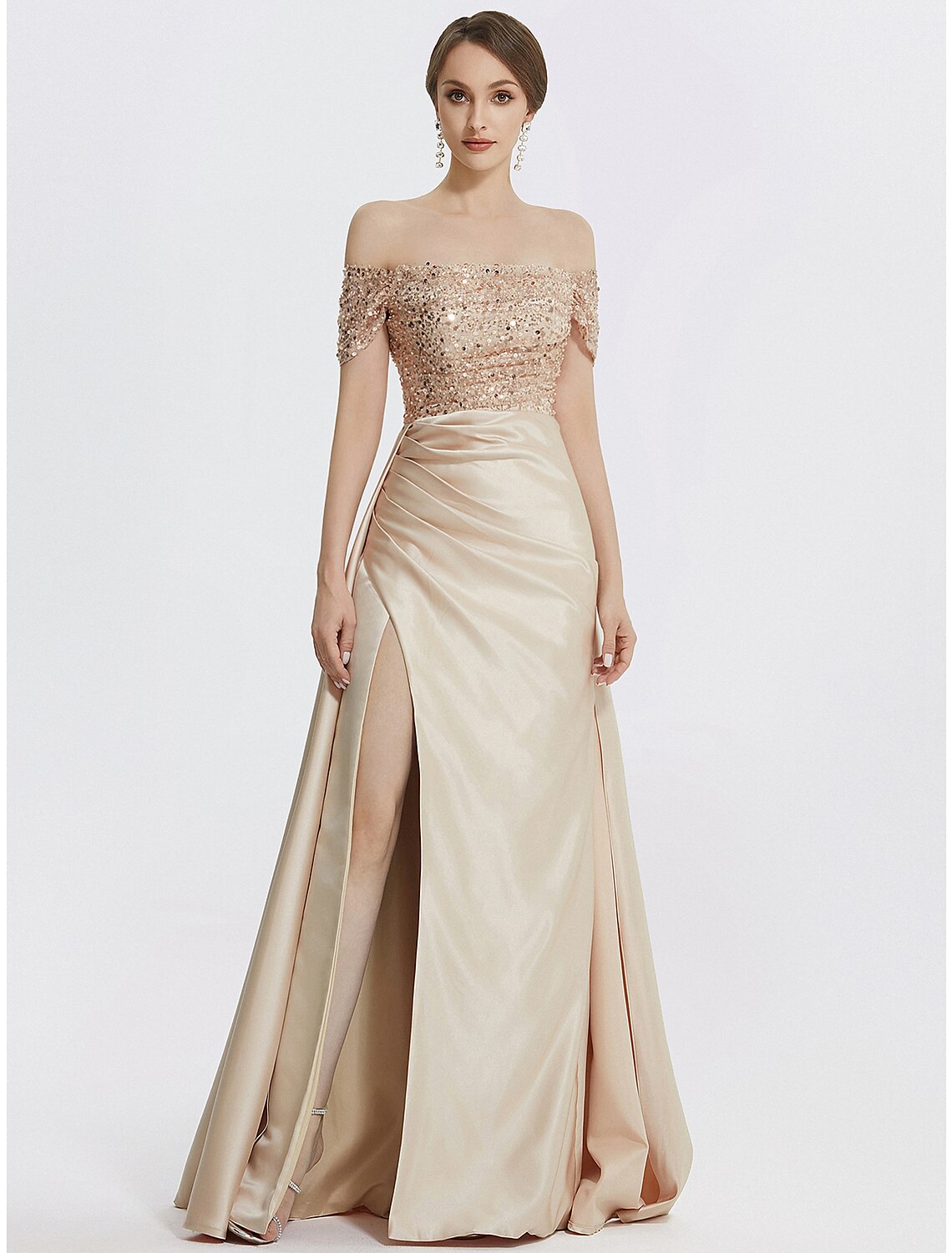 Etuikleid/Säulenkleid Abendkleid Elegantes Kleid Formal Bodenlang Kurzarm Schulterfrei Pailletten mit Glitzer Falten Schlitz