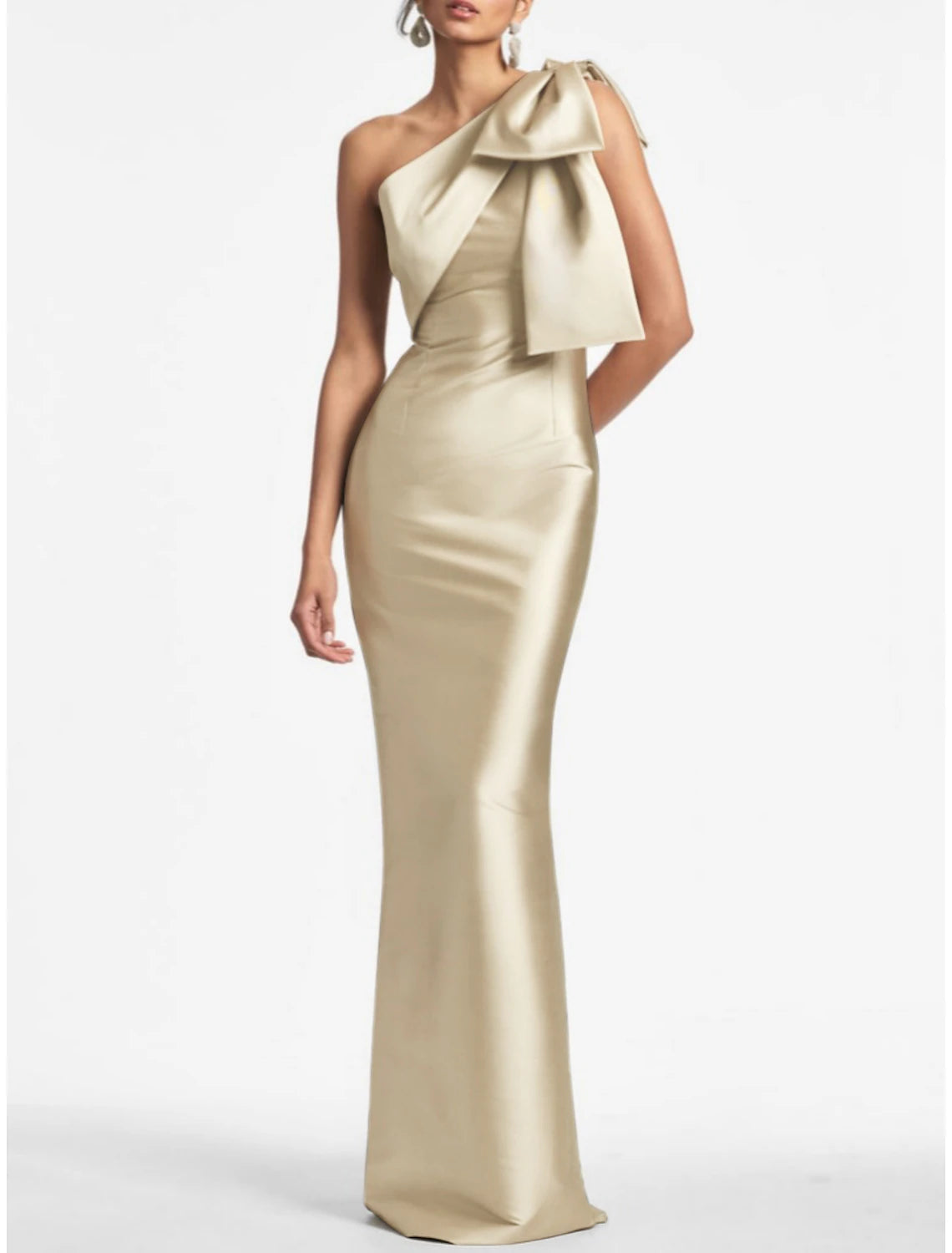 Meerjungfrau Partykleid Abendkleid Elegantes Kleid Formell Herbst Knöchellang Ärmellos Ein Schulter Satin mit Schleife(n) Schlitz