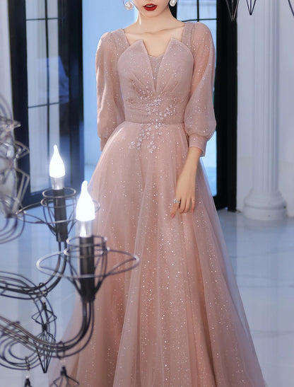 A-Line Beautiful Back Elegant Prom Formal Evening Dress V Neck V Back 3/4 Length Sleeve Floor Length Lace with Appliques
