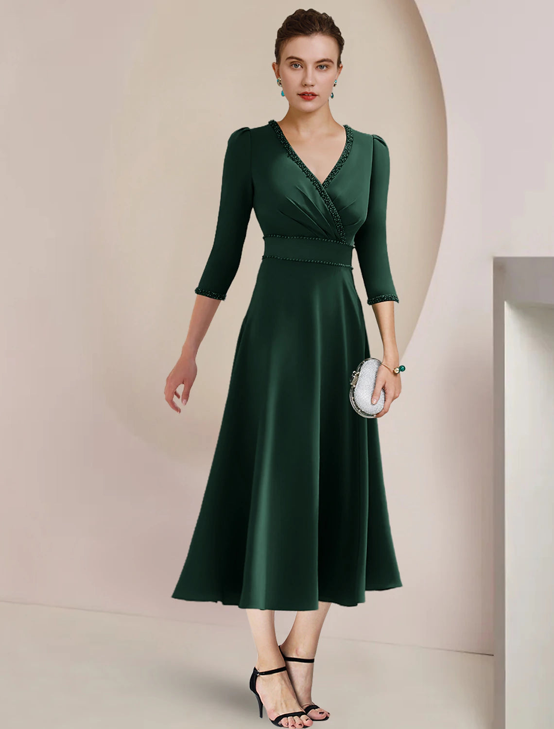 A-Linien-Kleid für die Mutter der Braut, formelle Hochzeitsgastparty, eleganter V-Ausschnitt, knielang, Stretchstoff, 3/4-Ärmel mit Perlenbesatz, seitlich drapiert