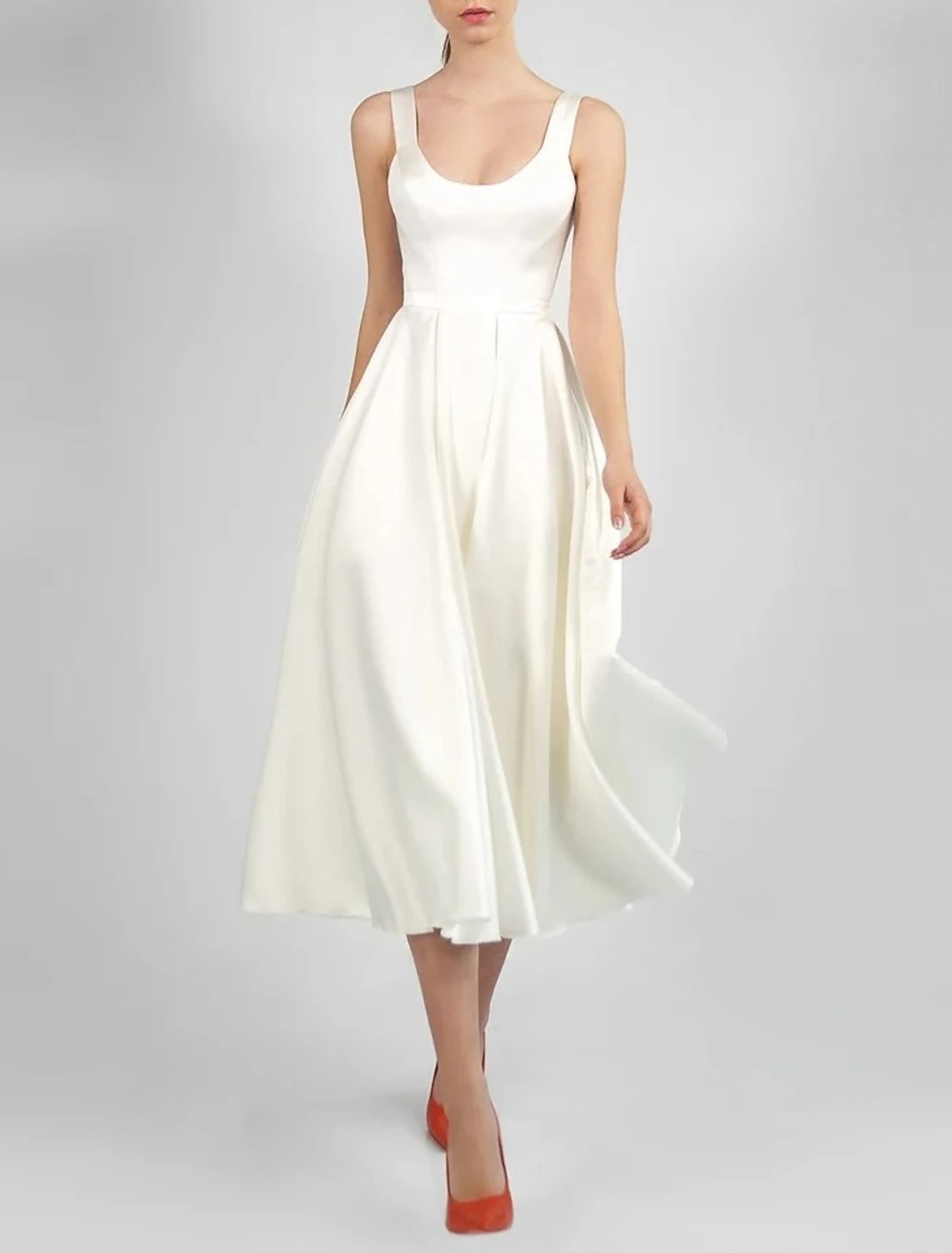 Hall Little White Dresses Brautkleider A-Linie Rundhalsausschnitt Ärmellos Tee Länge Satin Brautkleider Mit Falten Einfarbig