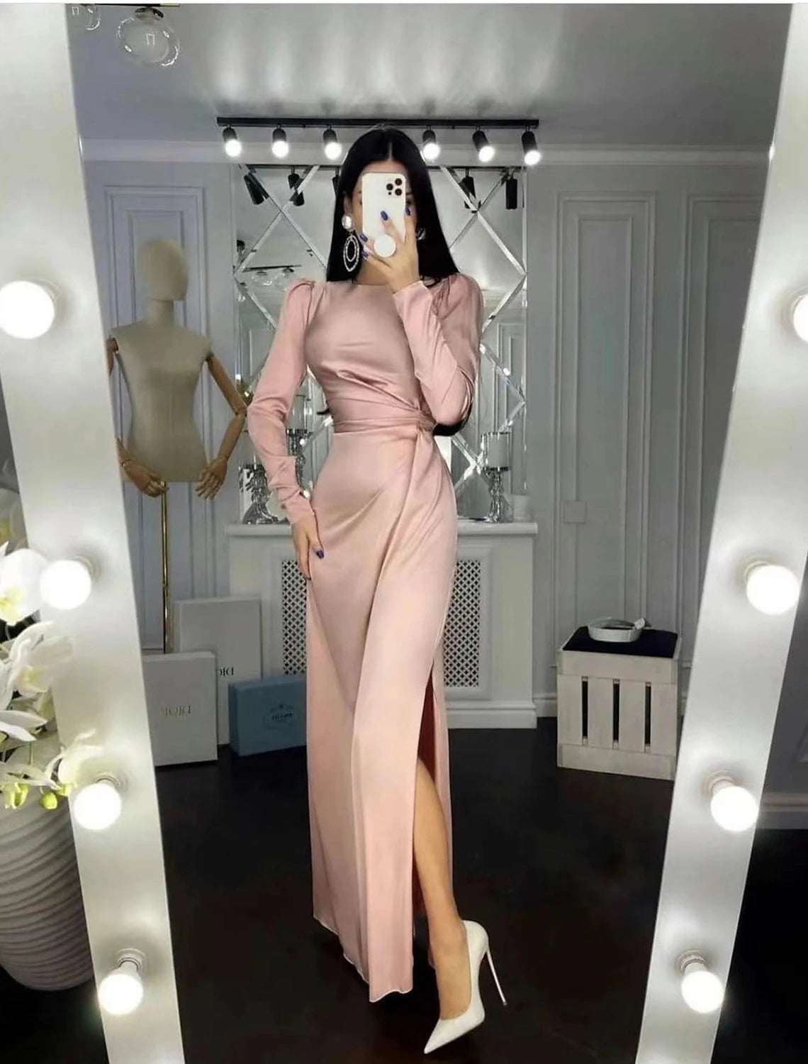 Etuikleid Partykleid Abendkleid Elegantes Kleid Hochzeitsgast Herbst Bodenlang Langarm Stehkragen Brautjungfernkleid Satin mit Rüschen