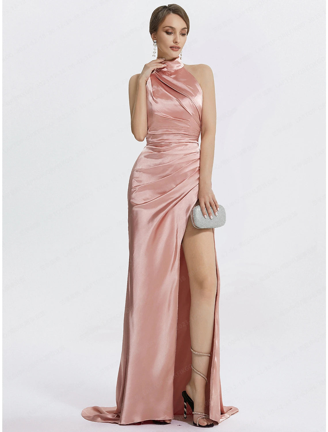 Meerjungfrau/Trompete Ballkleider High Waisted Kleid Abend Party Black Tie Bodenlang Ärmellos Neckholder Satin mit Rüschen