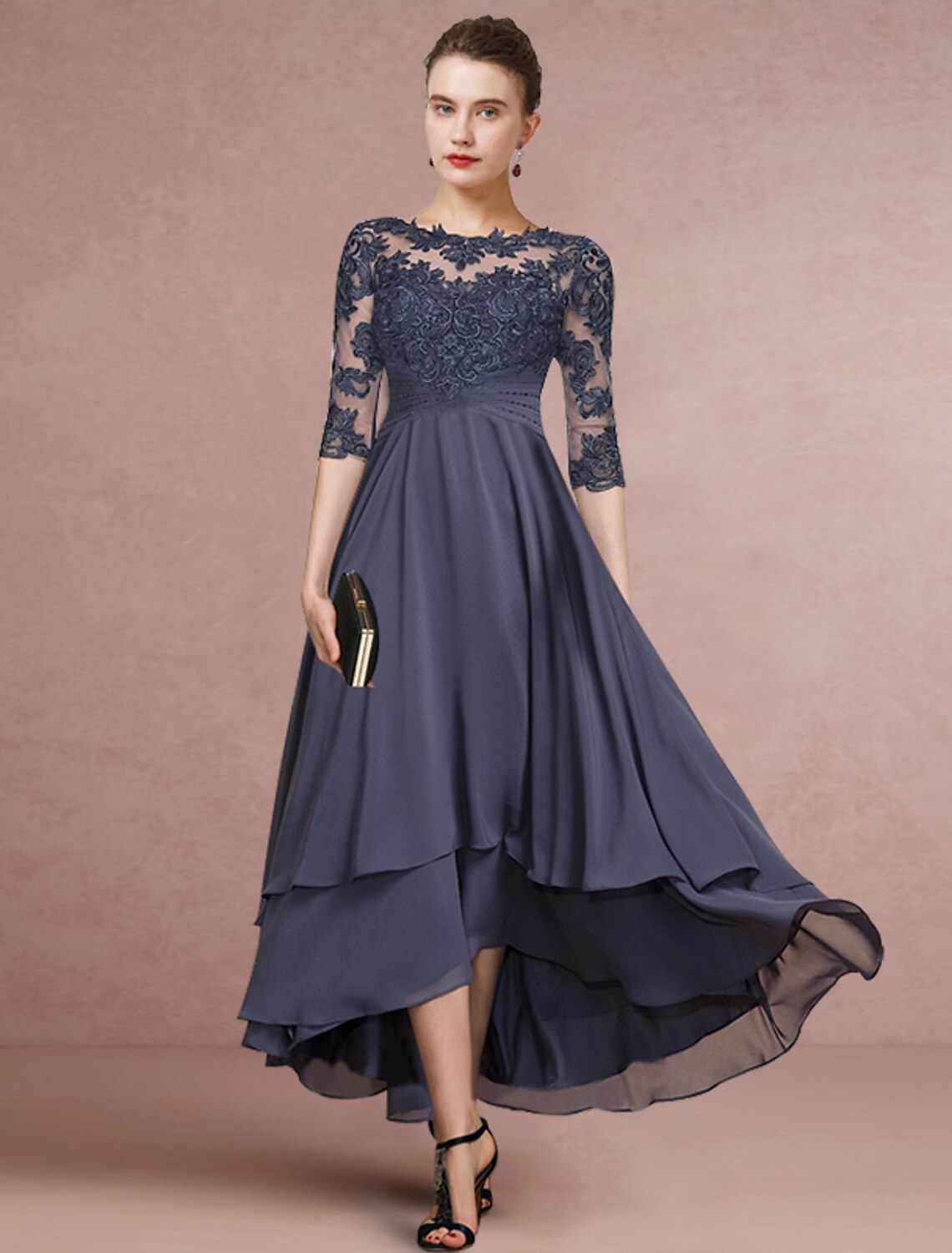 Etuikleid/Säulenkleid für die Brautmutter, Hochzeitsgast, Party, elegant, Rundhalsausschnitt, asymmetrisch, Chiffon, Spitze, halbe Ärmel mit Falten, einfarbig